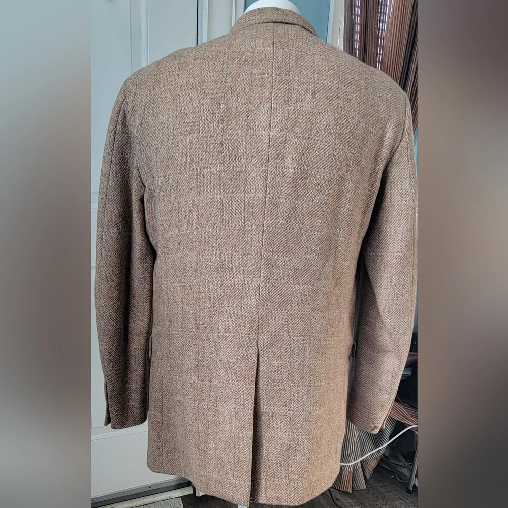 Vintage 80's Jordache Blazer Men's 44L Tan Faded Plaid 100% Wool Sport Coat